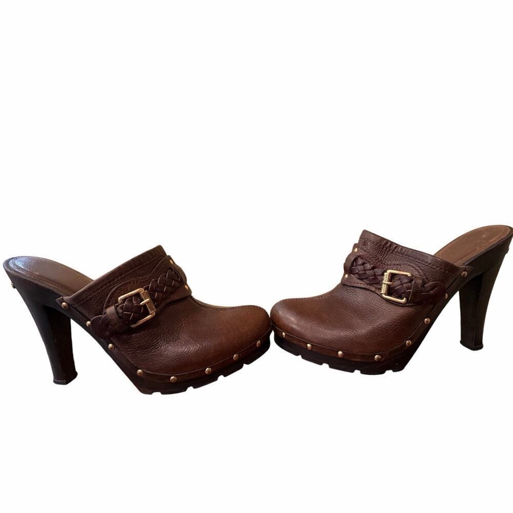 Michael Kors Brown Leather Mules Wooden Heels Women’s Size Braided Detail Size 8 - Picture 6 of 10